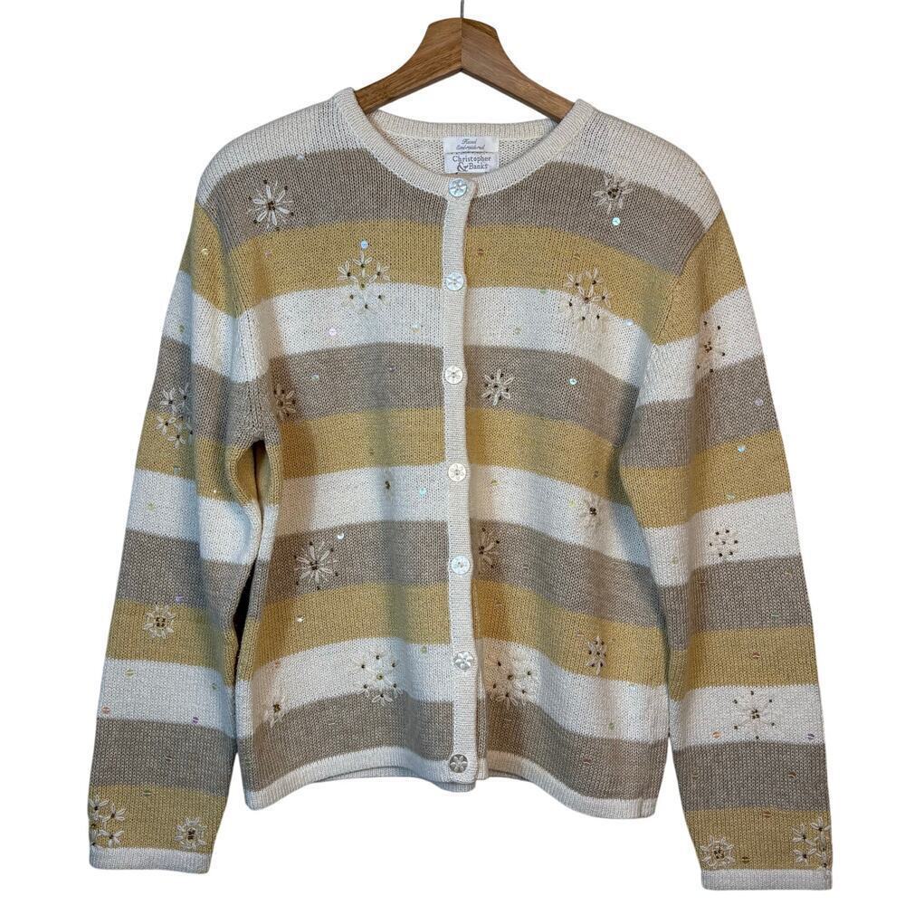 Christopher & Banks Hand Embroidered Striped Cardigan LARGE Yellow Cottagecore